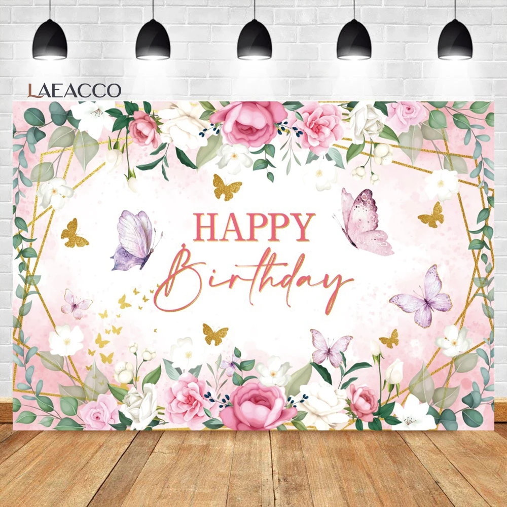 

Laeacco Floral Happy Birthday Backdrop Pink Butterfly Watercolor Flowers Golden Dots Baby Shower Portrait Photography Background