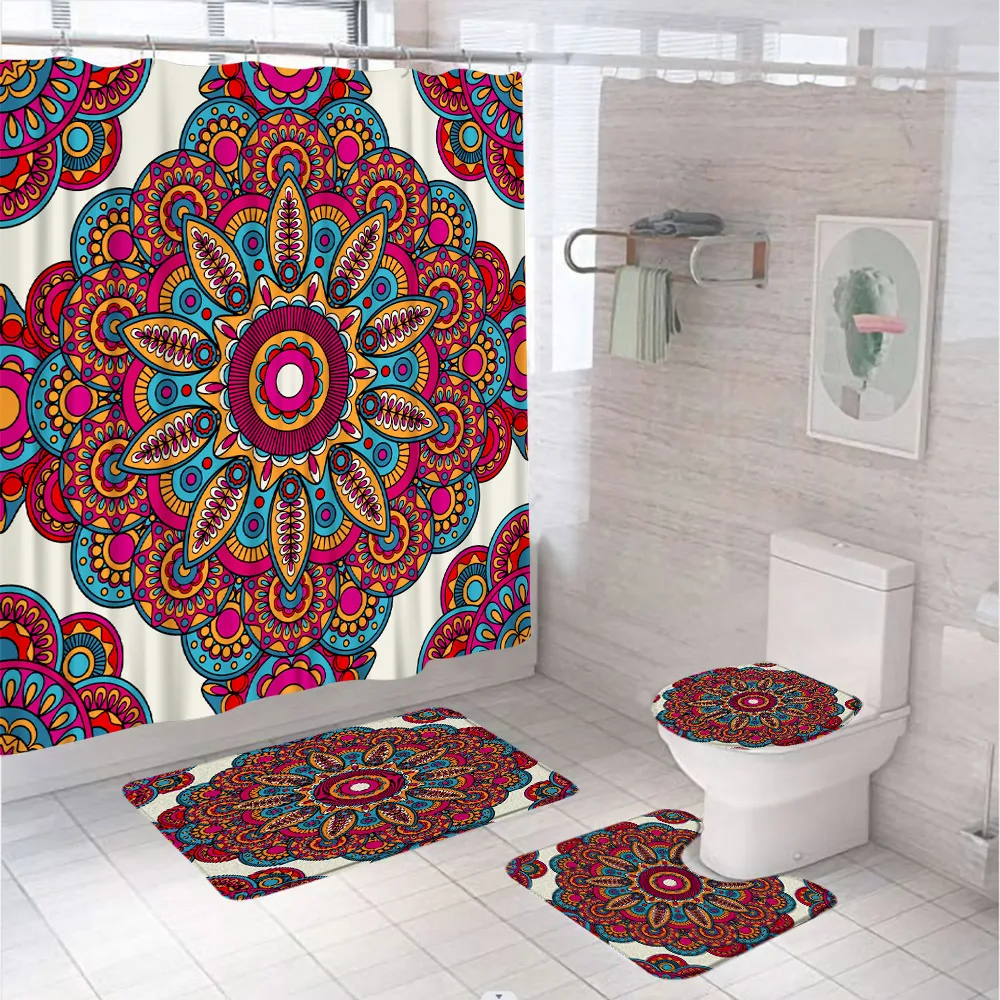 

4Pcs Bohemia Ethnic Style Shower Curtain Sets Geometric Boho Art Bathroom Curtains With Bath Mat Pedestal Rug Lid Toilet Covers