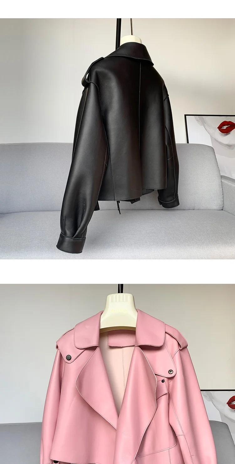 Genuine Sheepskin Leather Biker Jacket - Womens Winter Spring Coat