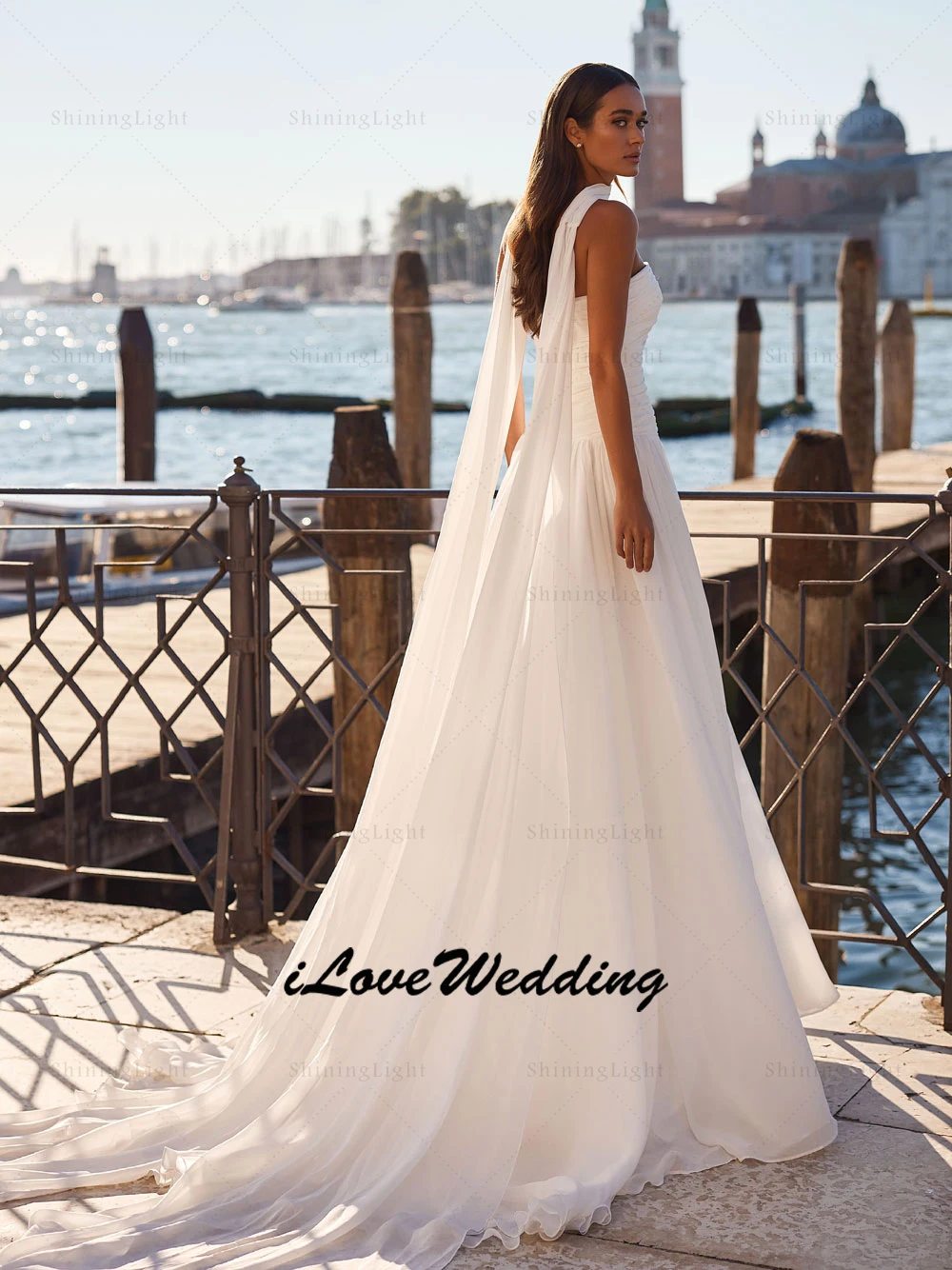 ShiningLight Strapless Boho Wedding Dress Pleat Chiffon A-Line Bridal Gown with Ribbons Beach Civil Wedding Dresses Customized