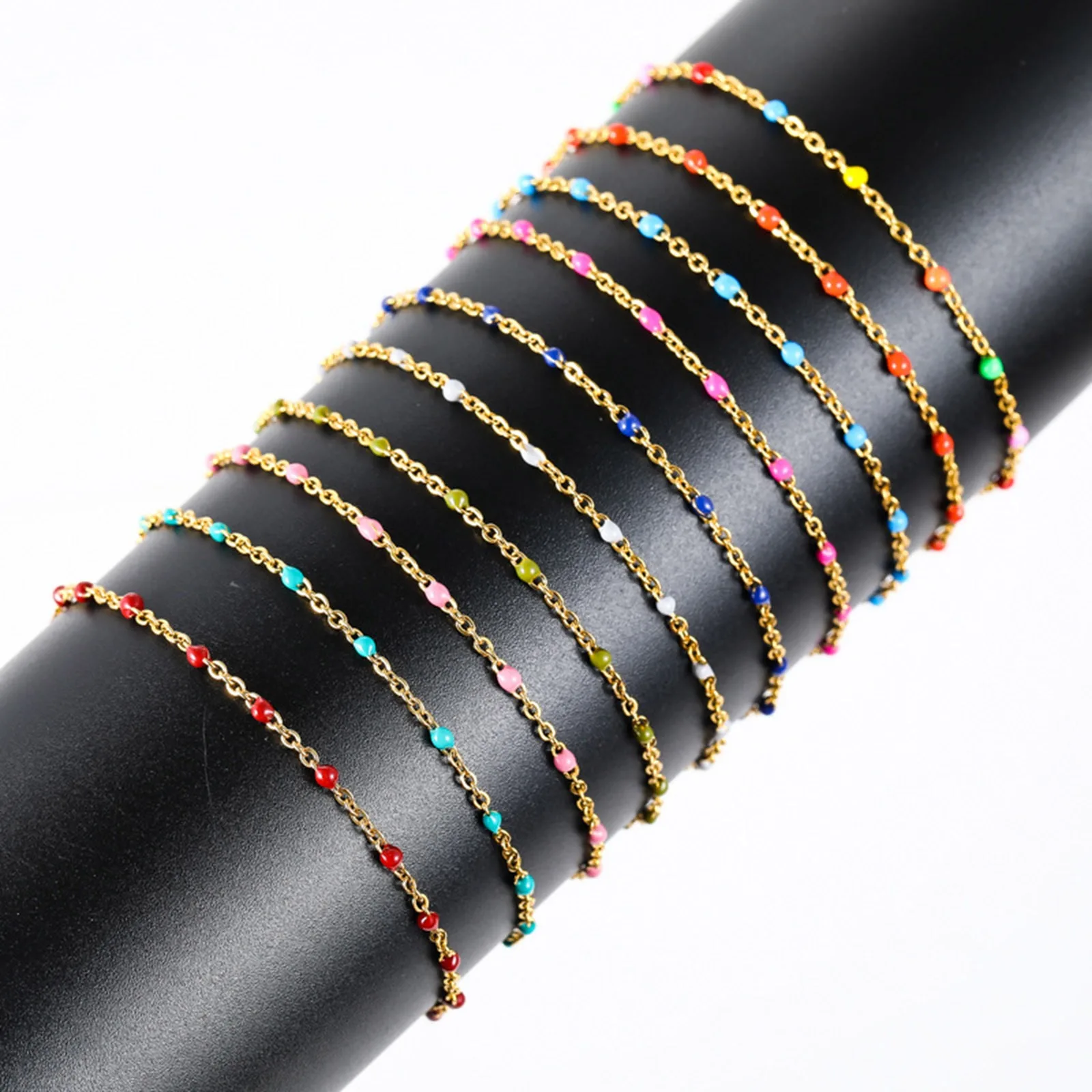 Stainless Steel Chain Anklet Multicolor Enamel Beads Anklet For Women Summer Beach Party Bracelet Foot Chain Jewelry 23cm,1PC