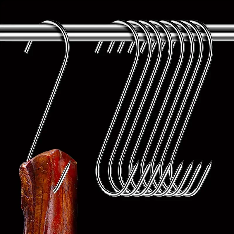 Stainless Steel S Hooks with Sharp Tip Butcher Meat Hook Tool for Hot and Cold Smoking Sausage Grill Duck Hanging Hooks