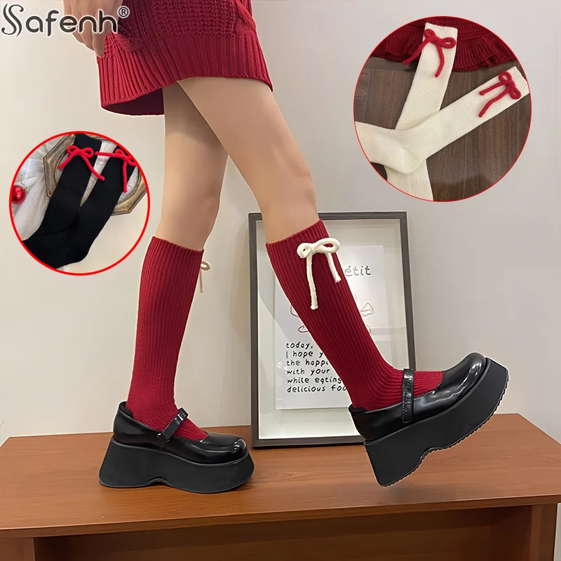 

1pair Polyester Christmas Red Cashmere Bow Millennium Y2k Retro Velvet Warm Mid-Tube Stacked Socks For Summer,Spring,Fall,Winter