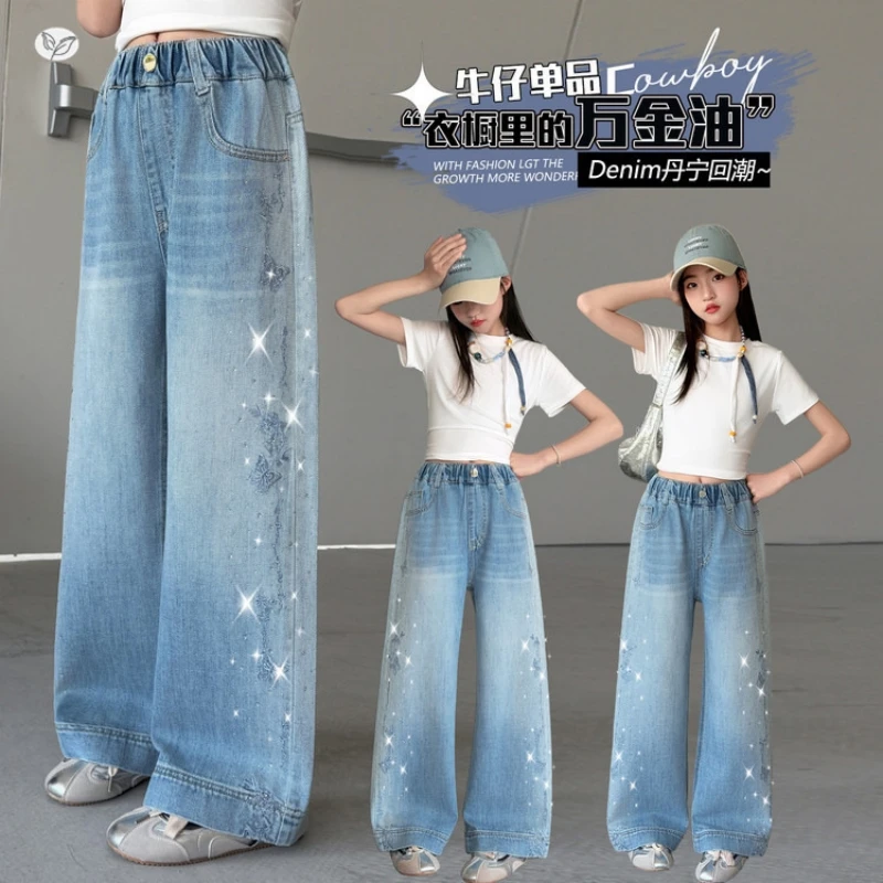 

Embroidered Butterfly Hot-Drill Jeans for Girls, Spring/Autumn Blue Loose Straight-Leg Pants, Children's Summer Jeans