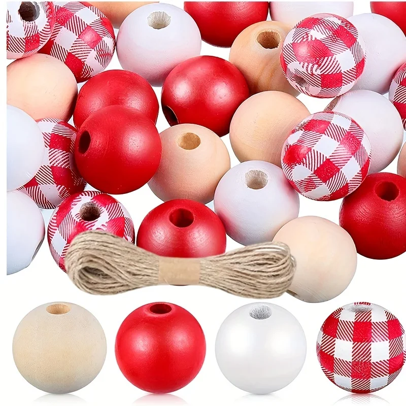 

40-60Pcs Christmas Wood Beads Round Wood Beads for DIY Jewelry Making Craft Accessory, Santa Wood Beads Christmas Party