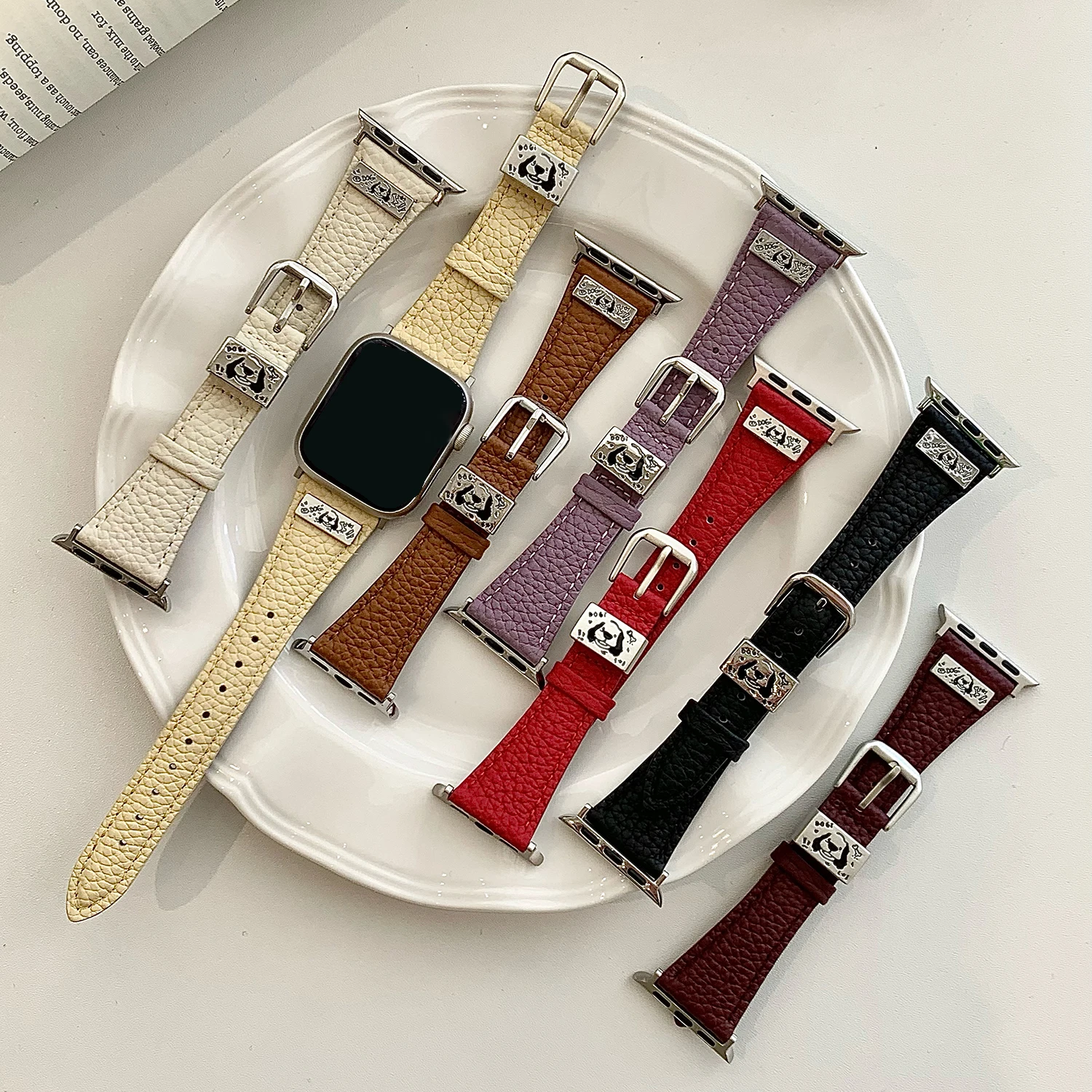 

Luxury Lychee Dog Pattern Leather Strap for Apple Watch Series S11/10/9/8/Ultra 2/SE Replacement Strap Dog Pattern Buckle Strap