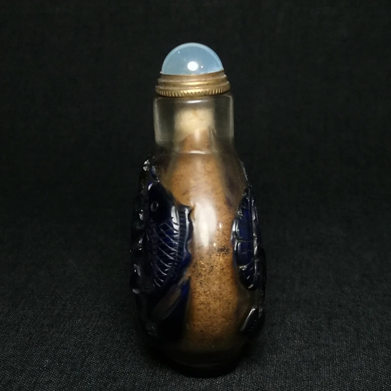 YIZHU CULTUER ART Size 3 Inch Chinese Old Beijing Glaze Carving Lotus leaf Fish Statue Snuff Bottle Collection