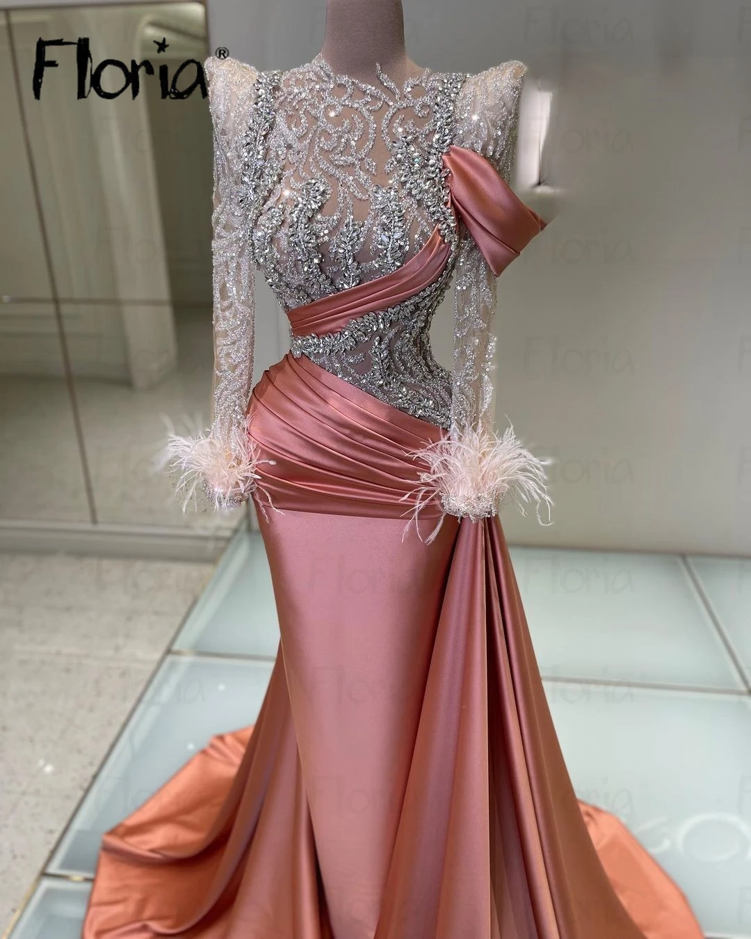 Couture Muslim Beaded Evening Dress O Neck Long Sleeves Formal Prom Gowns Crystals Handmade Wedding Party Dresses Dubai