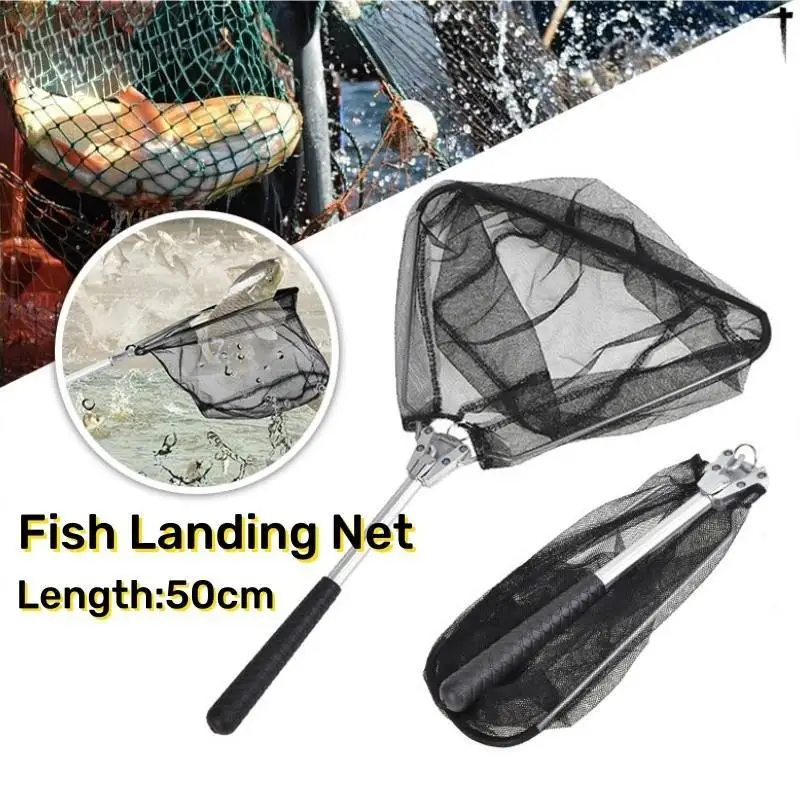 Triangular Pole Folding Fly Landing Net 50cm Foldable Fishing Net Retractable Stainless Steel Fishing Net