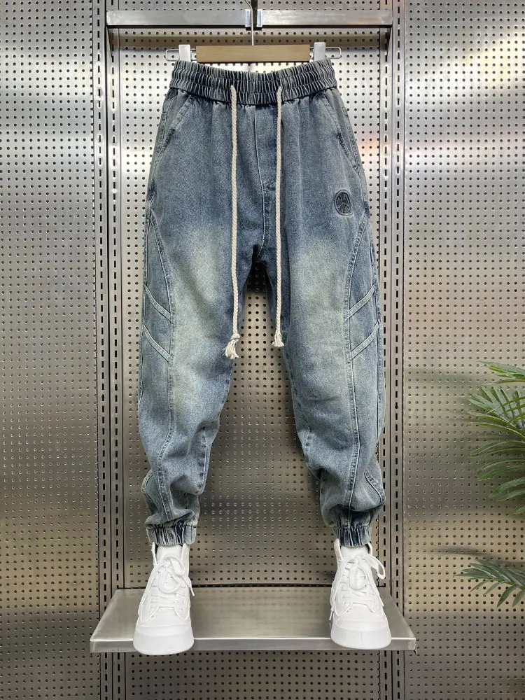 

Свободные синие мужские джинсы с эластичной резинкой на талии, брюки Харлан, весна-лето, новые облегающие джинсы с девятью точками, высококачественная джинсовая ткань