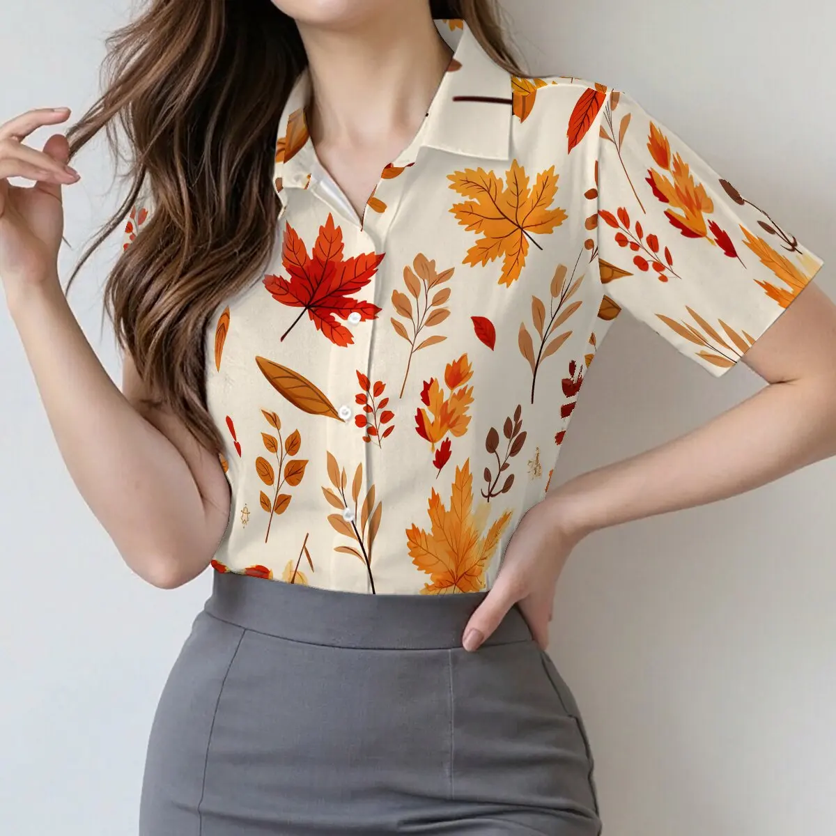 

Summer women's short-sleeve lapel shirt, summer style,maple leaf casual texture, gentle & elegant for workplace&social occasions