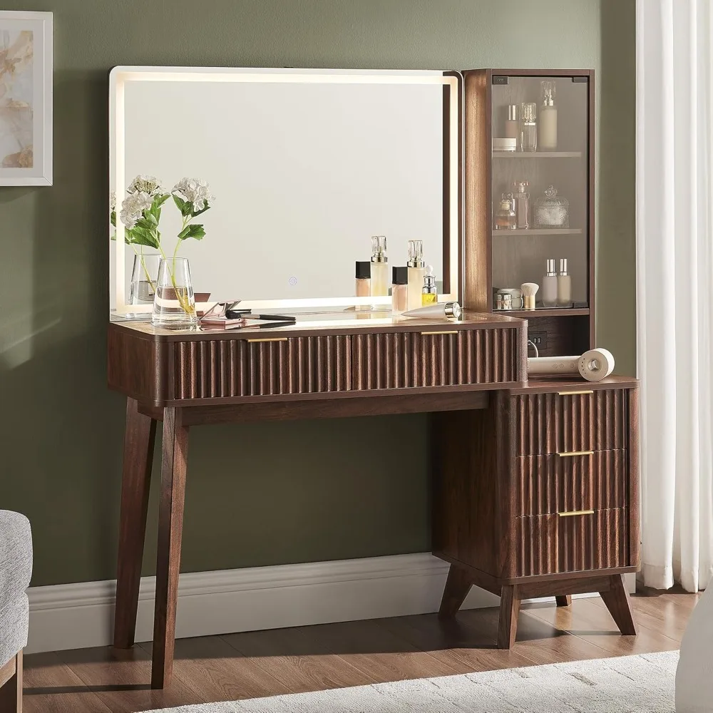 

48" Big Modern Vanity Desk with Mirror and Lights , Dressing Table with 5 Drawers & Shelves, Makeup Vanity Desk with 36" Mirror