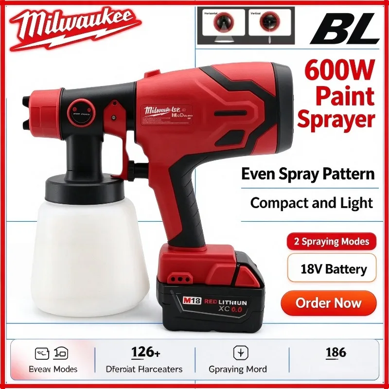 Milwaukee Paint Spray Gun Tank Brushless Motor 600W 39000 RPM Auto Furniture Wall Car Sprayer 18V Battery