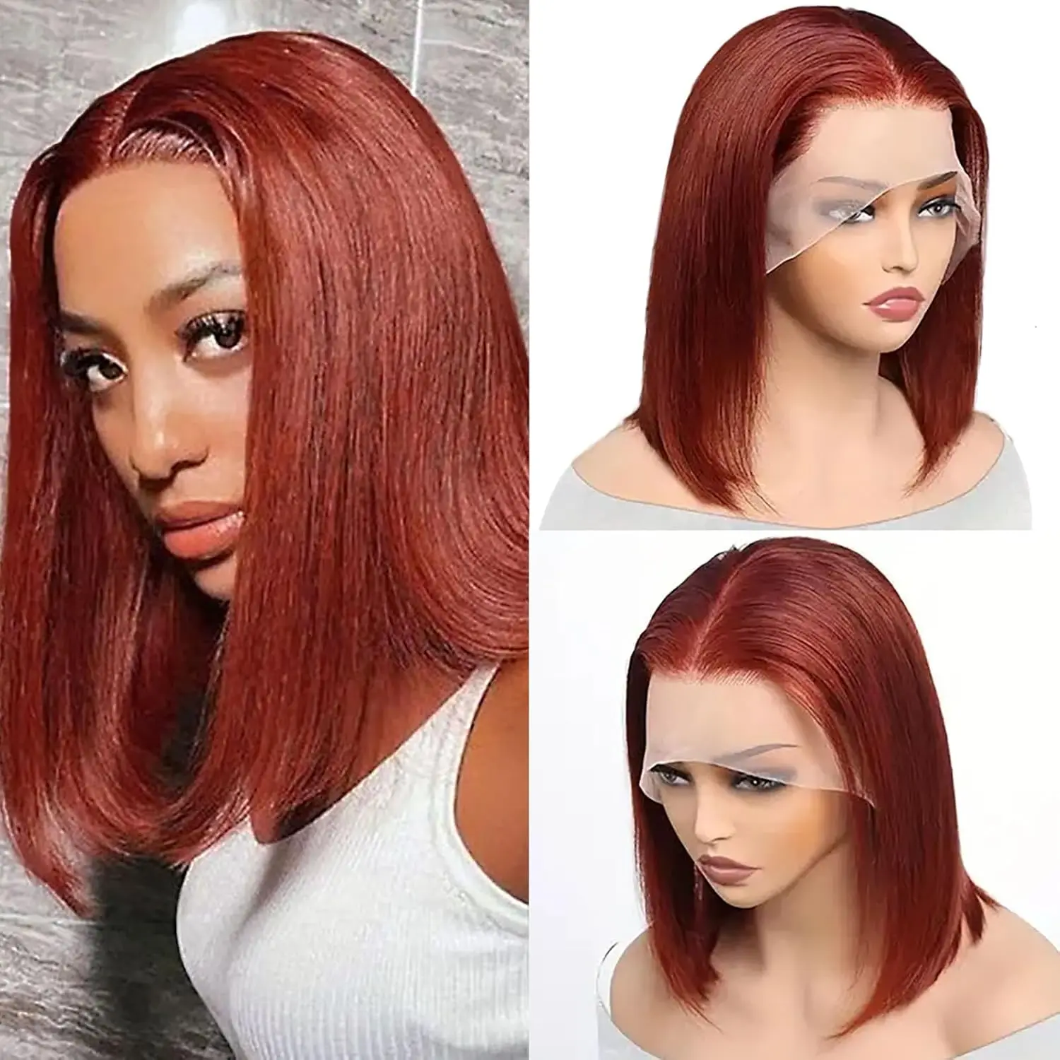 

Short Bob Wig Human Hair Reddish Brown 13x4 Lace Front Wigs Human Hair Auburn Brown Pre Plucked With Baby Hair 180 Density