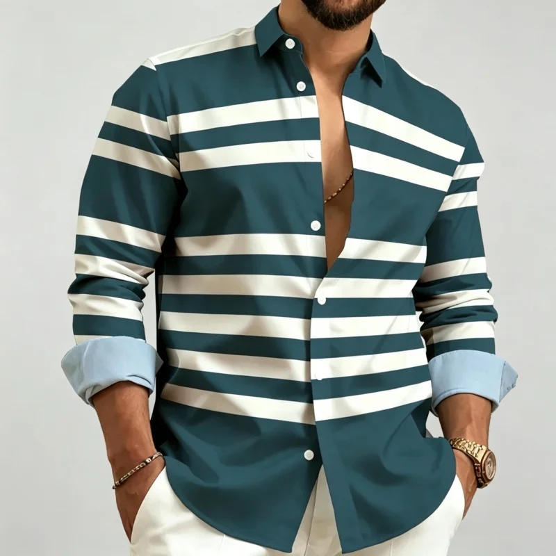 Men's Shirt With Wide Stripes  Long Sleeves  Collar Buttons  Casual Shirt  Street Style  Daily Beach Vacation  Fashionable Men