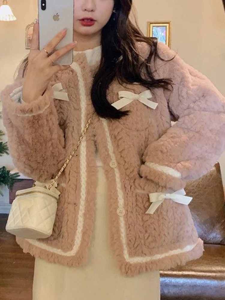 

Fluffy Jacket Women Korean Fashion Fleece Coat Female Autumn Winter Faux Lambwool Jackets Sweet Bow Single Breasted Outerwear