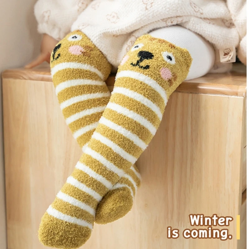 Winter-Overknee-Socken für Kinder mit dickem Futter, Cartoon-Streifenmuster, Oberschenkelhohe Socken für Kleinkinder von 0–3