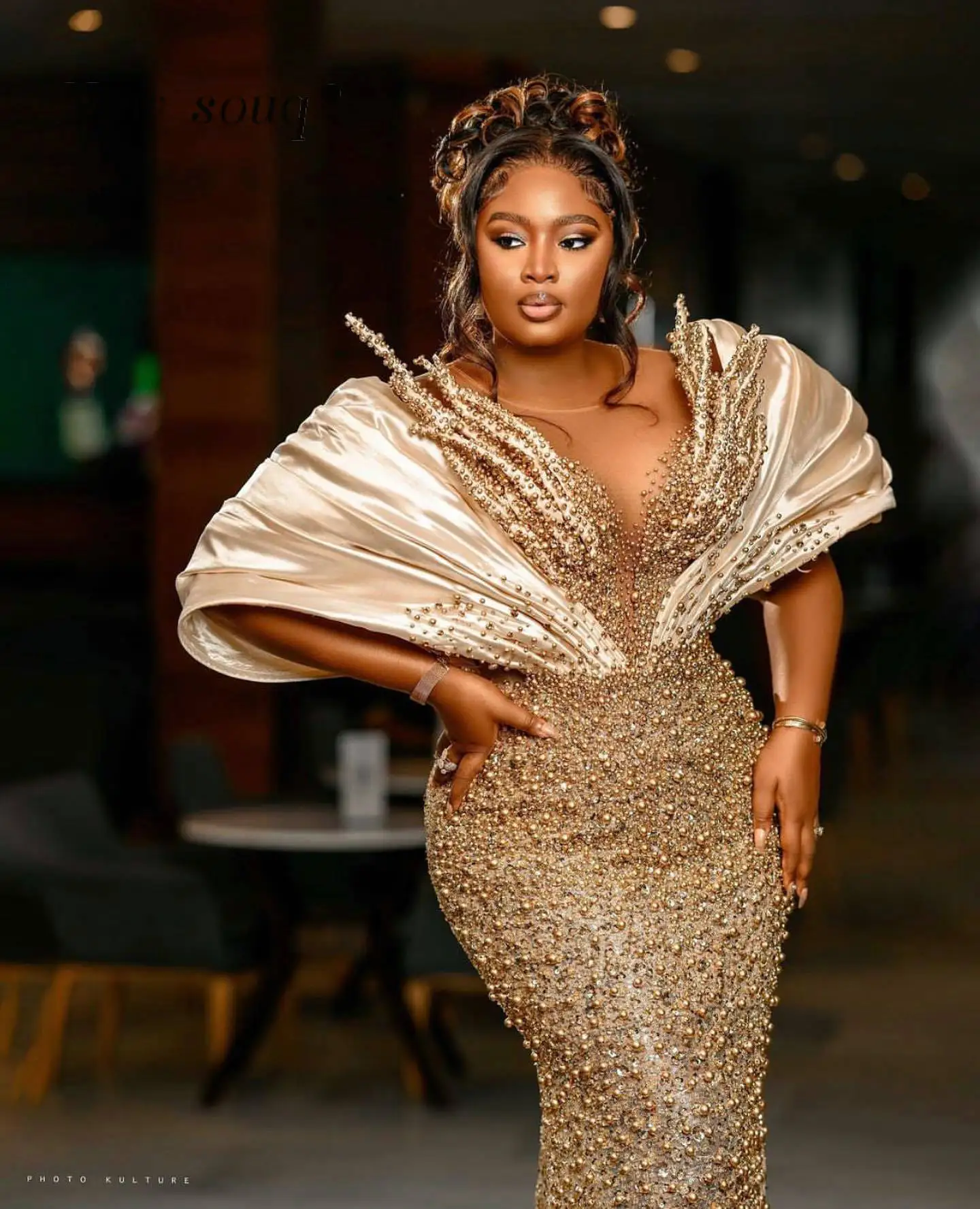 Aso Ebi-Champagne Pérolas Frisadas Sereia Vestidos de Noite para Mulheres, Oriente Médio Muçulmanos, Vestidos de Festa de Casamento Feminino Islâmicos, Vestidos Árabes, Plus Size