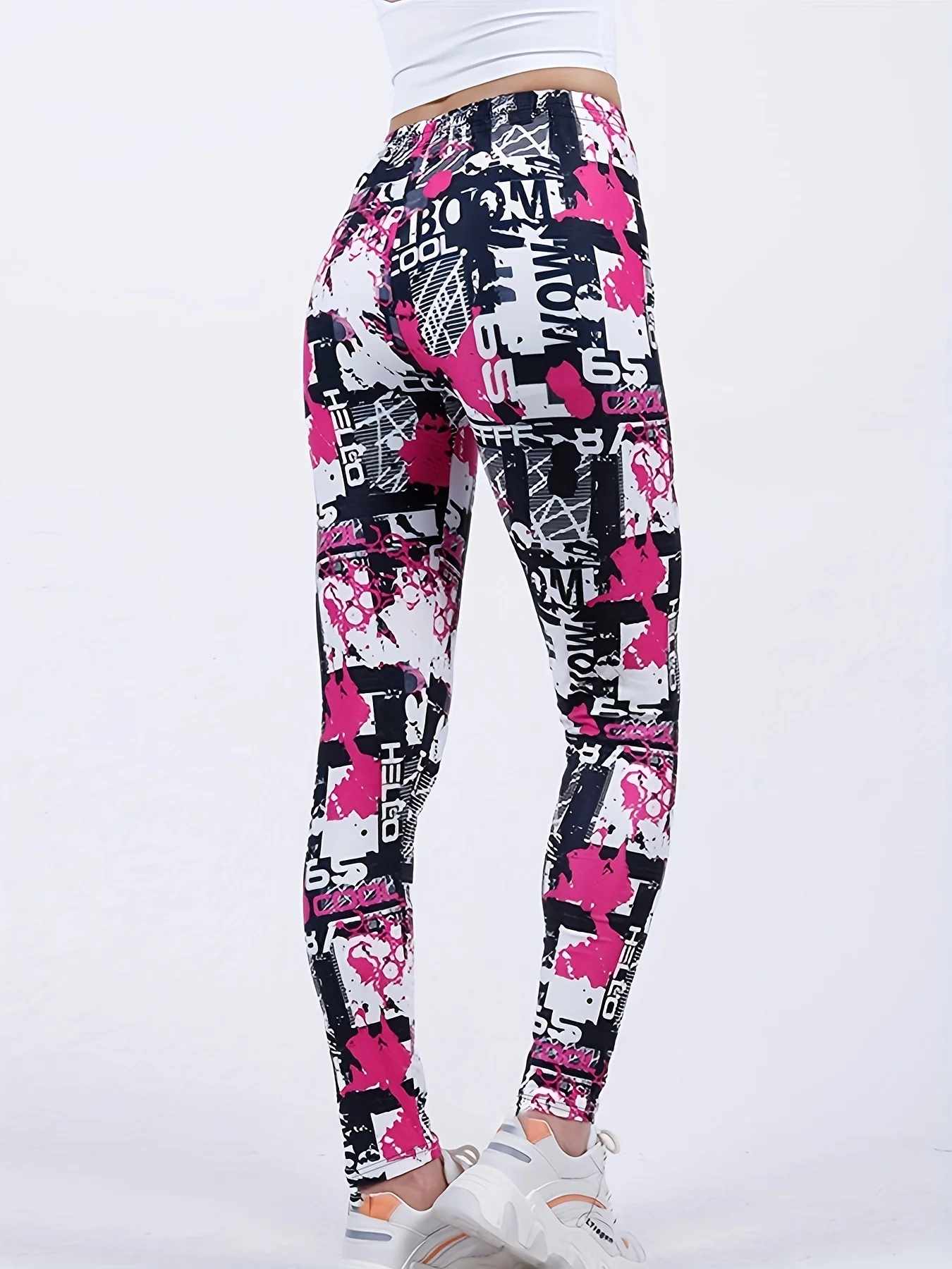 Women Fleece Lined Leggings Graffiti Street Art Letter Splash Print Mid‑Waist Winter Bottoms
