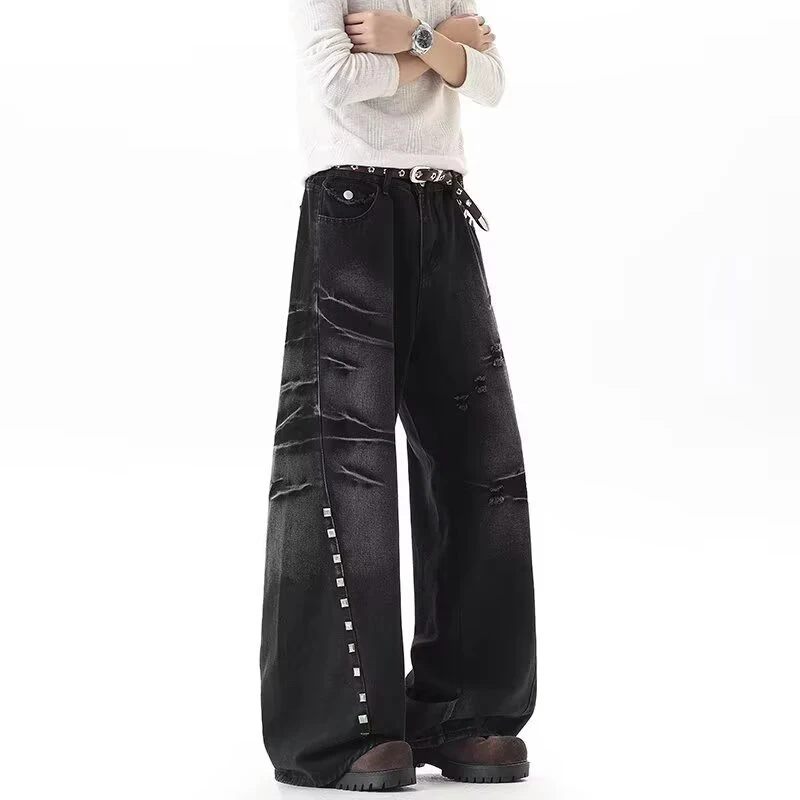 LUZHEN 2026 New Sequin Patchwork Decorate Loose Wide Leg Jeans Men's Trendy Stripe Textured Washed Straight Denim Pants JY9235