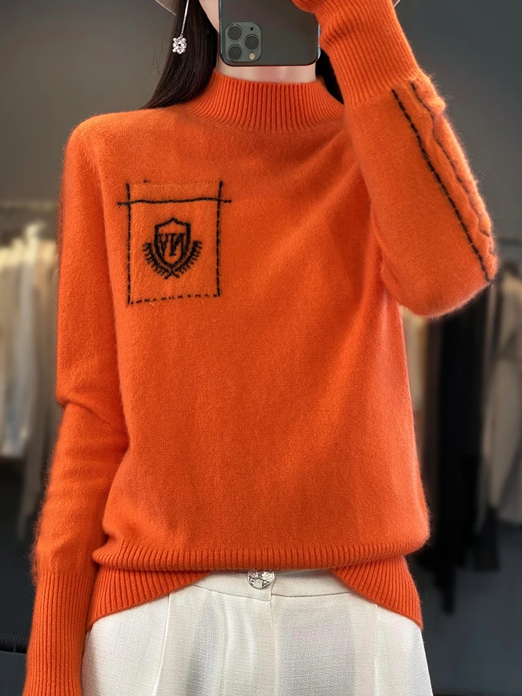 Autumn and winter new 100% merino wool women\'s semi high neck sweater knitting casual pullover loose soft color contrast blouse