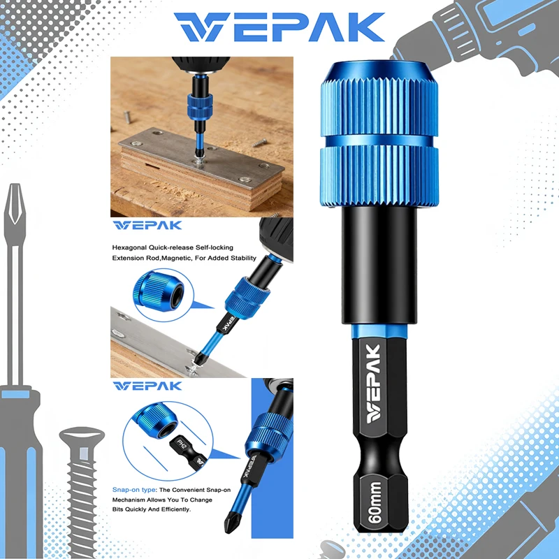 VEPAK 1/4 Inch Hex Magnetic Quick Change Bit Extension Bar Self-Locking Screwdriver Drill Adapter VP1BT60-SL