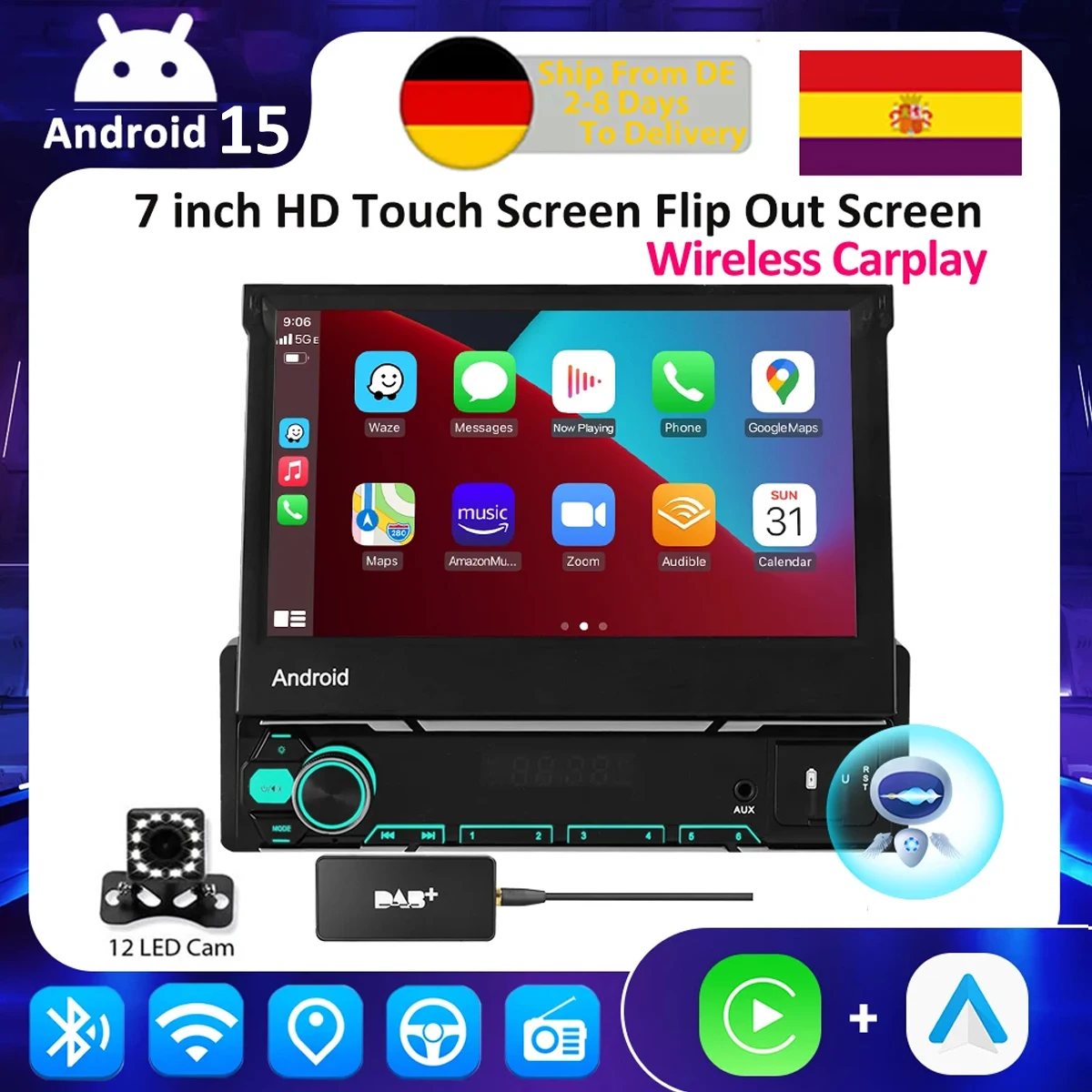 ESSGOO Android 15 Autoradio mit ausfahrbarem Bildschirm, Carplay, 1Din Multimedia-Player, GPS-Navigation, Autoradio, WLAN, Auto-Bluetooth
