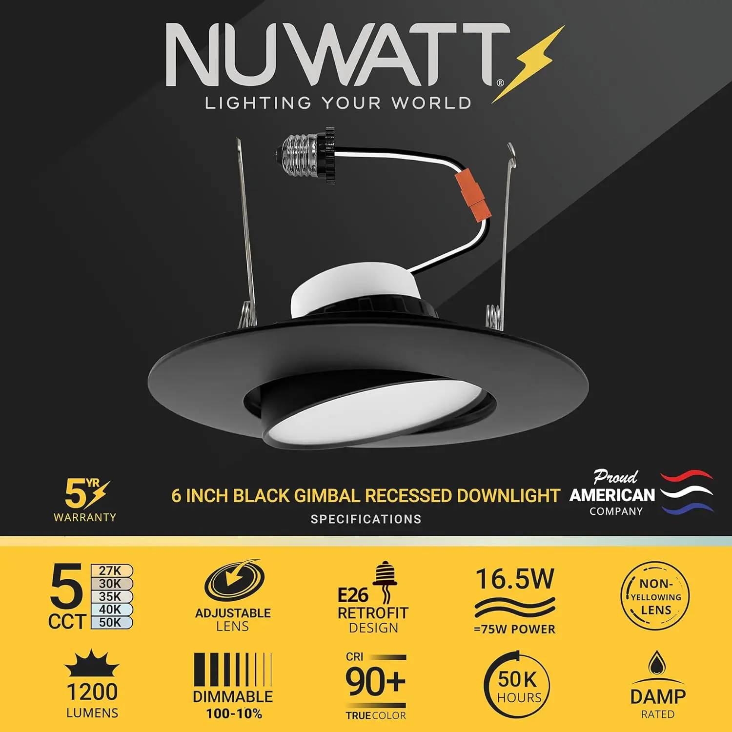 Nuwatt-Refletor LED embutido, preto, cardan retrofit, alto lúmen, 1200Lm, 16W, selecionável, 5Cct, 6 Polegada, 6 Pack