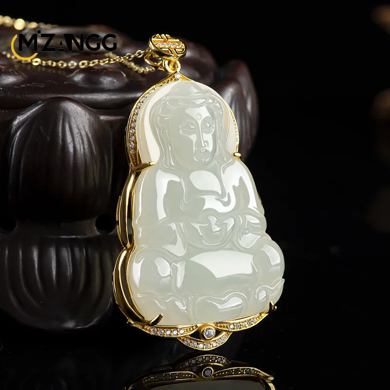 

Genuine S925 Silver Inlaid Natural Hetian Jade White Jade Guanyin Pendant Exquisite Fashion Men's and Women's Jewelry Gifts