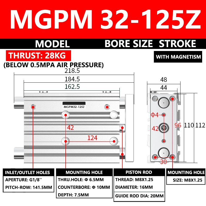 

ABILKEEN MGPM Series Pneumatic Compact Guide Cylinder MGPM32-125Z 32MM Bore X 125MM Stroke Three Axis Three Rod Air Cylinder
