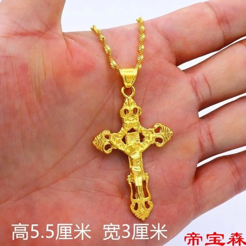 Collier croix plaqué or véritable pour hommes et femmes, chaîne de clavicule 24 carats 100%, ornement pendentif 999, bijoux en or pur 18 carats, 999