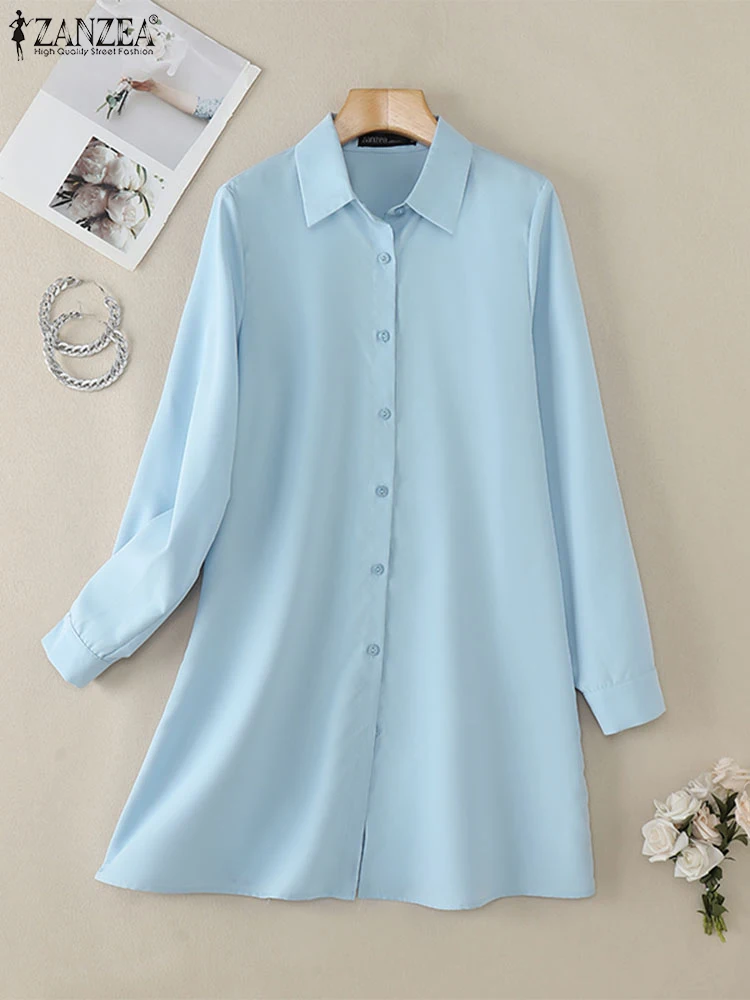 Zanzea primavera elegante lapela pescoço manga longa camisa vestido elegante vestidos femininos 2025 casual sólido ol trabalho na altura do joelho vestidos