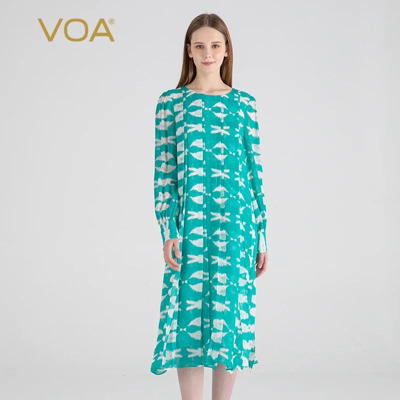 

VOA Double Layer Silk O-neck Long Sleeve Boho Dresses Women 3D Loose Leaf Decoration Loose Straight Silk Casual Dress AE2066