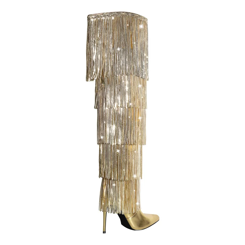 Onlymaker Women Pointed Toe  Gold Fringe Metallic Slim  Over The Knee Boots Stiletto Sexy Dance Thigh Boots