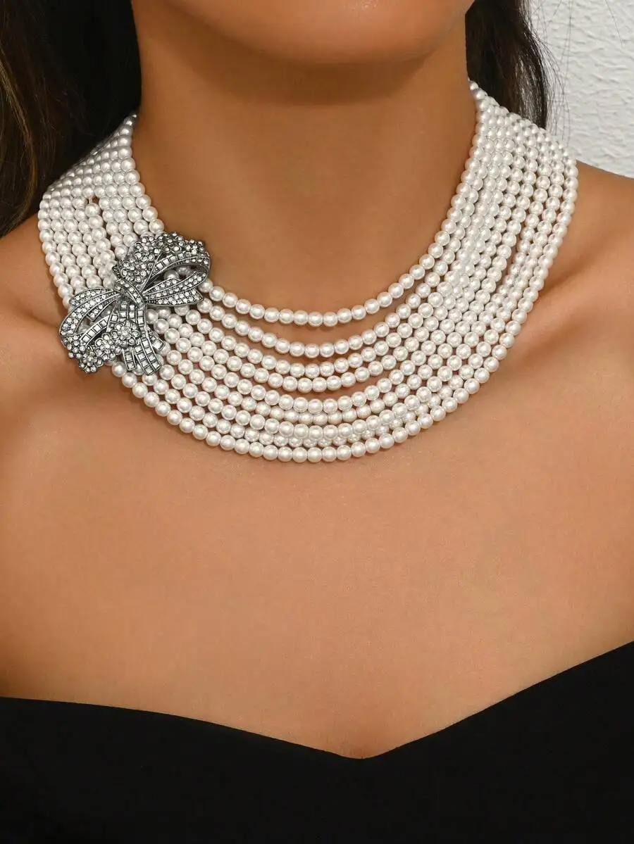 

Elegant Multi-Strand Faux Pearl Choker Necklace With Crystal Bow Pendant For Women
