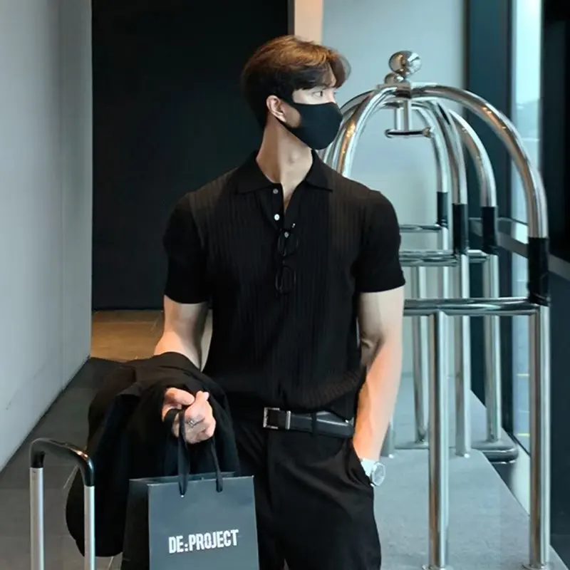 Lapel Polo Shirt, Men's Casual Summer Textured Color Korean-style Knitted Sweater, Short-sleeved T-shirt, Men's Black Base Layer