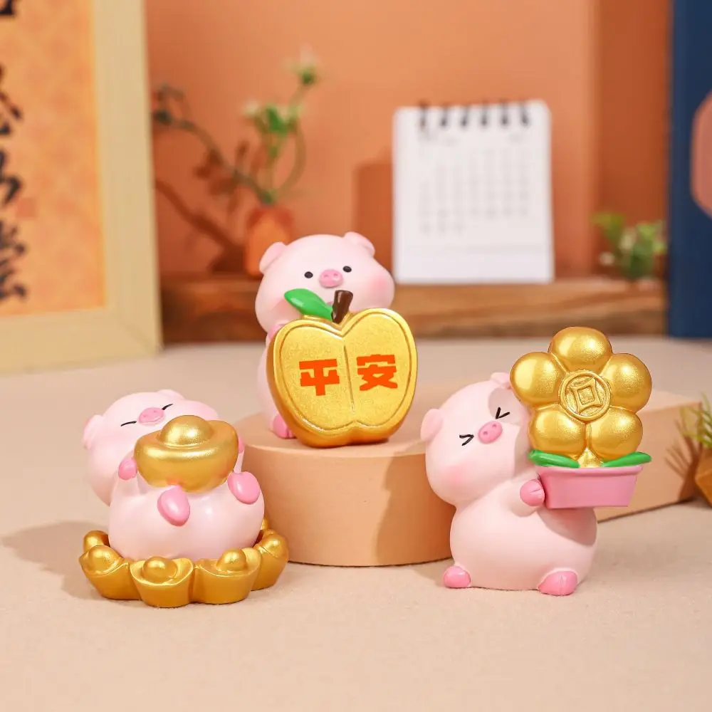Cute Lucky Pig Figurine Chinese Style Fortune Blessing Pig Statue Cartoon Resin Crafts New Year Pig Figurine Car Accessories
