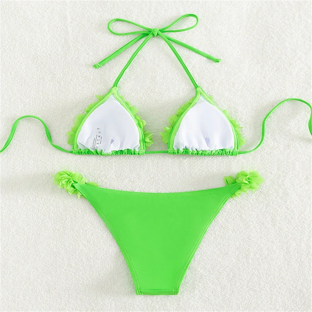 Set top bikini con fiori 3D Halter String Extreme Backless Y2K Costume da bagno push up Abiti da vacanza Costumi da bagno da donna Costume da bagno da spiaggia