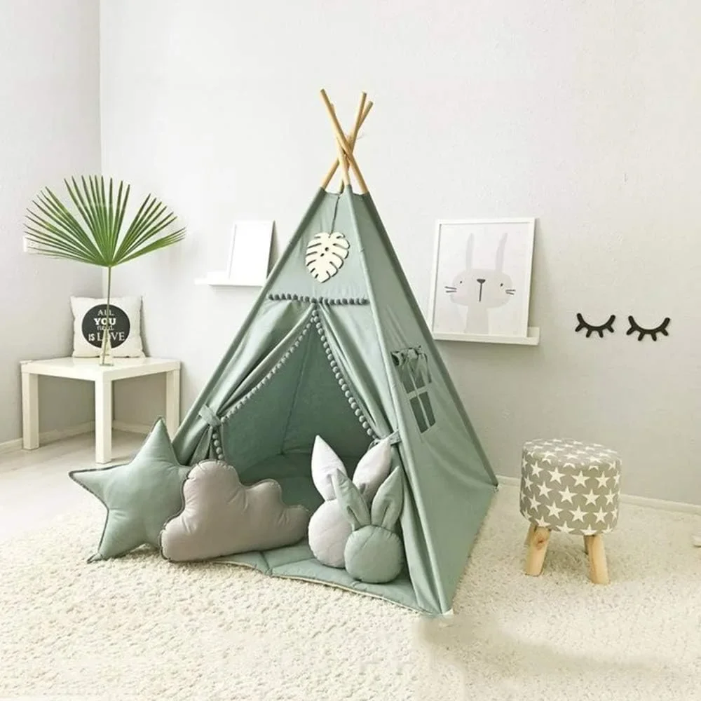 

Teepee Tent for Kids, Cotton Canvas Teepee Tent, Foldable with Hairball & Window, Kids Playhouses for Outdoor & Indoor, Green