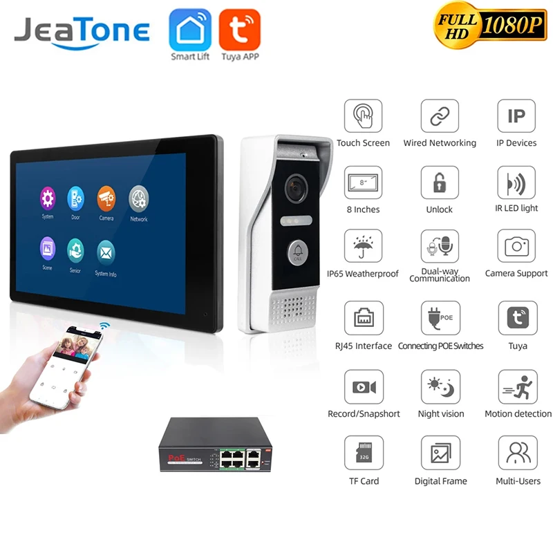 

Видеодомофон Jeatone Tuya 1080P 8 дюймов, дверной звонок для умного дома, камера для глаз, беспроводная система контроля доступа Wi-Fi