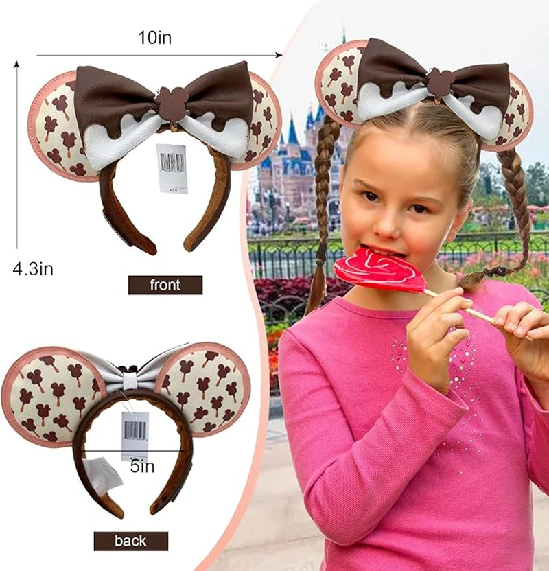 Mickey Mouse Ears Headband Ice Cream Mickey Headband Adults/Child Disneyland PU Leather Brown Bow Ear Women Christmas Gifts