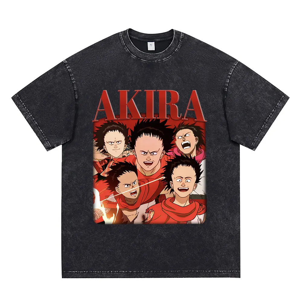 Japanese Anime Akira Shotaro Kaneda T Shirt Science Fiction Cartoon Movie Vintage Washed T-shirt Men Women Cotton Casual T-shirt