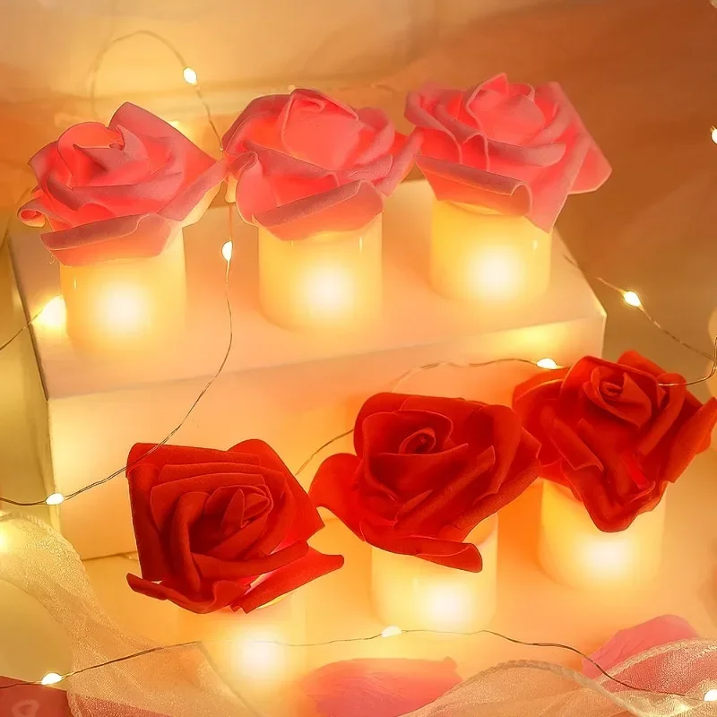 Simulation Rose Candle Lamps LED Rose Flower Electronic Candle Battery Powered Valentine's Day Wedding Party Decor Night Lights