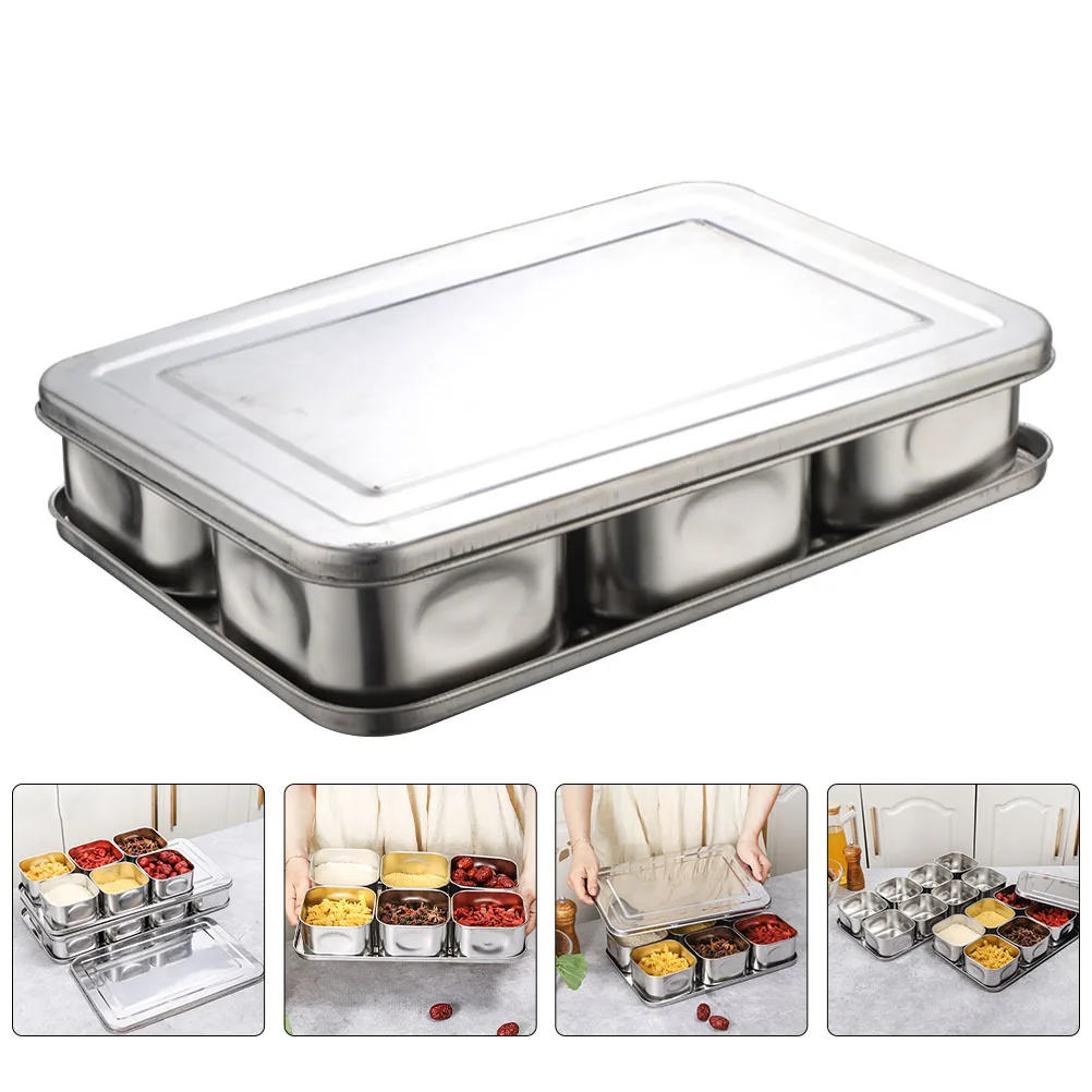 

1Set Six Grids Seasoning Container Stainless Steel Kitchen Storage Box Independent Removable Case for Salt Sugar