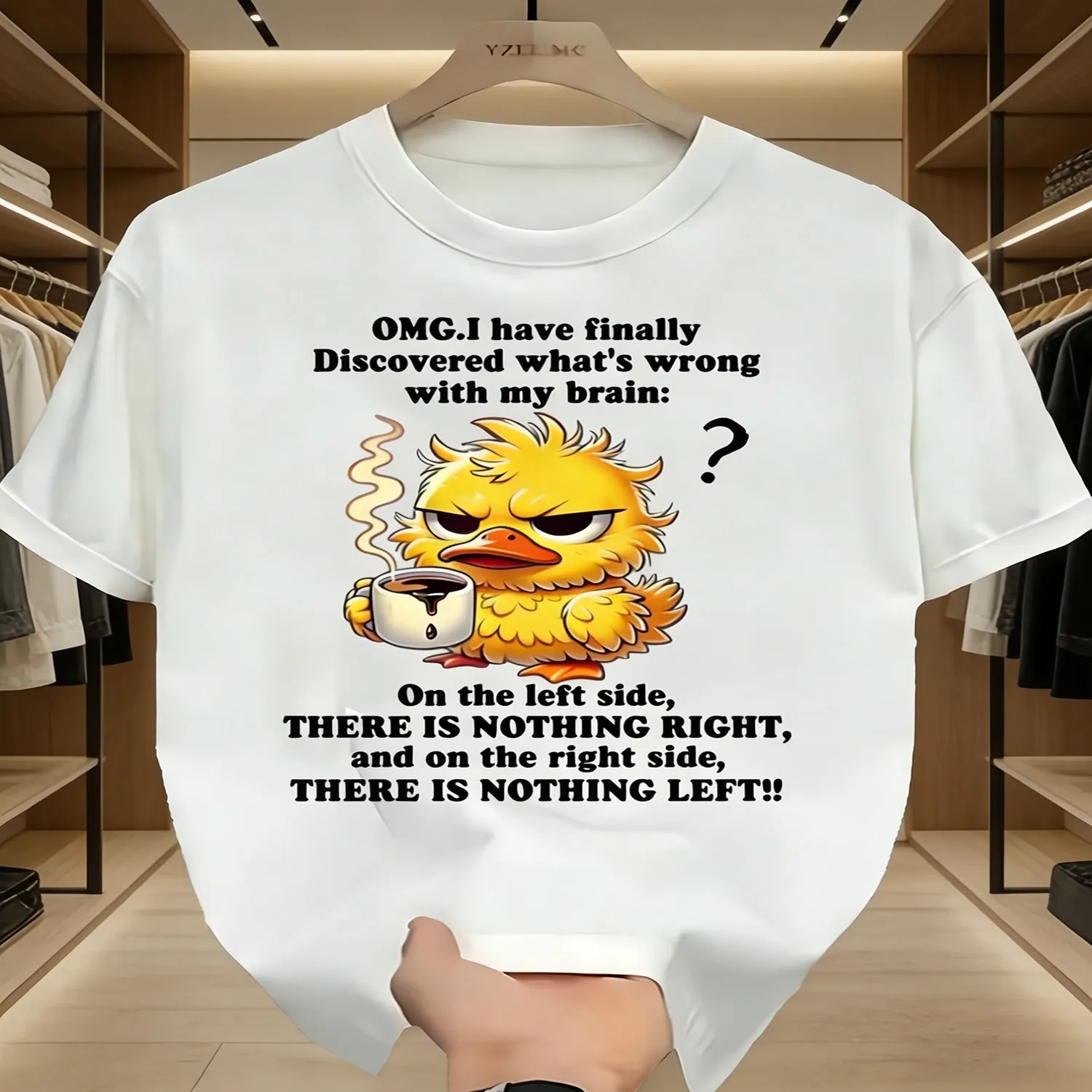 Funny Satirical Office Coffee T-Shirt, Chicken and Little Duck Worried Design - Short Sleeve T-Shirt with _Oh My God, I Finally Know What's Wrong with My Brain_ Print - Unisex - Gift for Coffee L Unisex T Shirt Gift For Her
