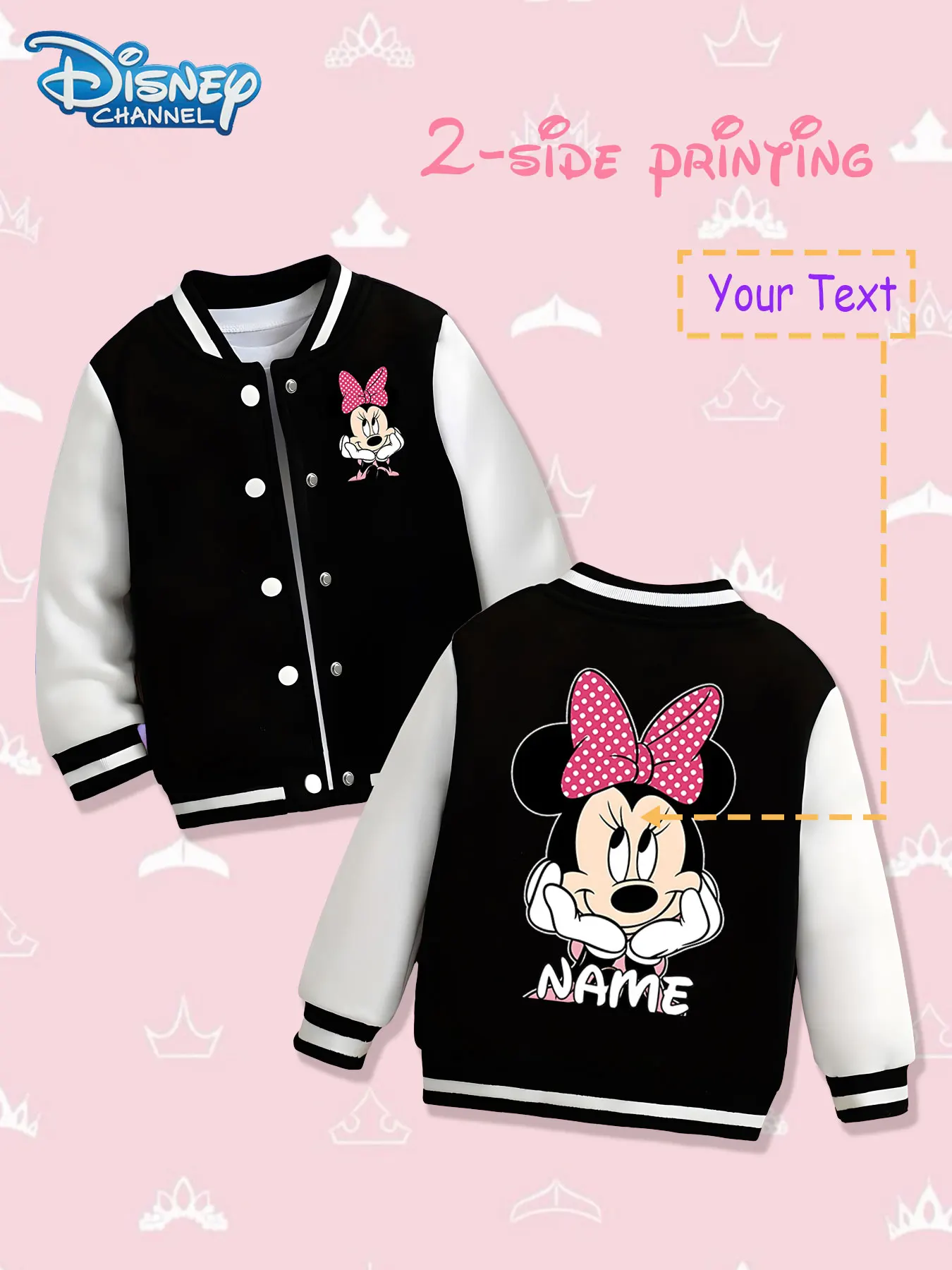

MINISO Disney Minnie Sweet Children's Baseball Jacket - Minnie's classic sweet shape is presented on both sides, with a red back