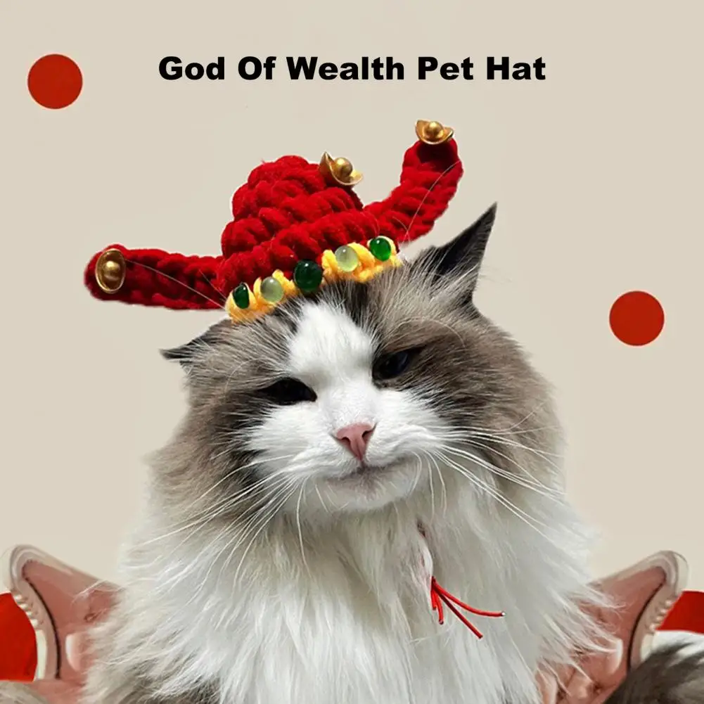 God of Wealth Fortune Cat Hat Lucky Red Pet Knitted Hat Cat Cosplay Headgear Accessory New Year Photo Prop for Celebration