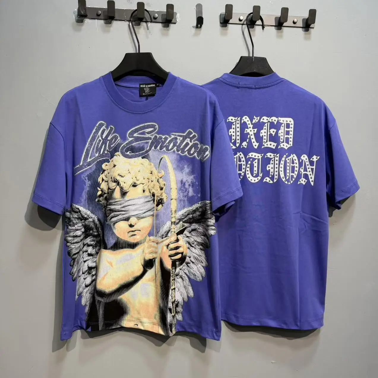Mixed Emotion American Trendy Brand Blindfold Angel Print High Street Rhinestone Loose Fit Pure Cotton Short Sleeve T-Shirt