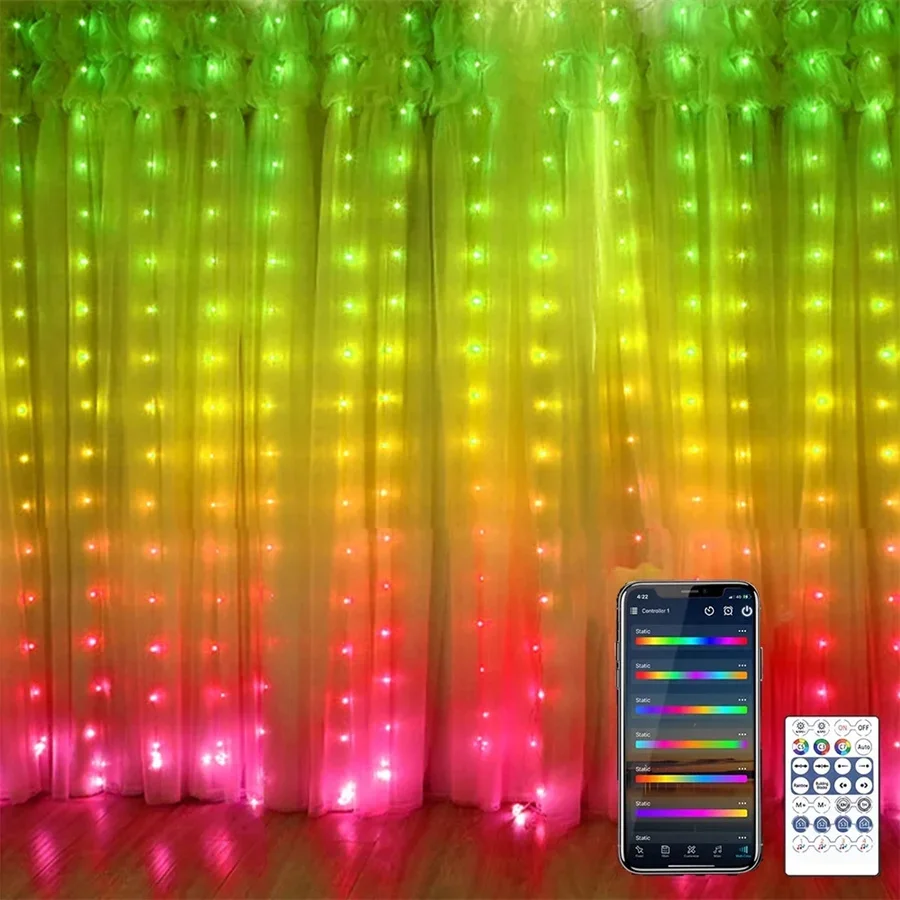 Imagem -02 - Smart App Controlled Curtain Fairy Lights String Lights Rgb Changeable Rainbow Outdoor 3x3m