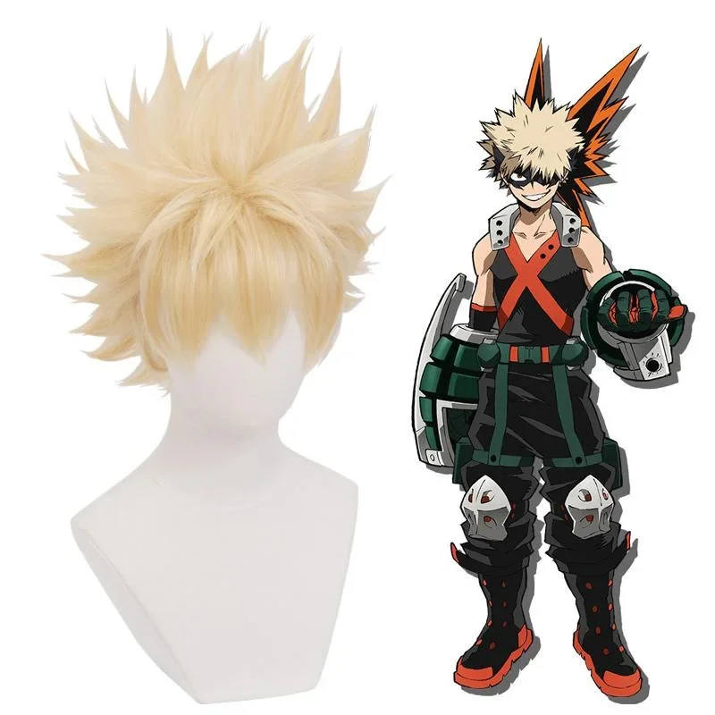 Peluca de cosplay de My Hero Academia Bakugo Katsuki, peluca de anime rubia con puntas para fiesta de Halloween
